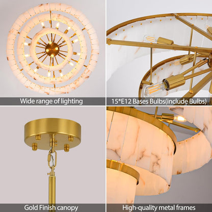 Modern 3-Tier Round Alabaster Chandelier-Gold 34"D
