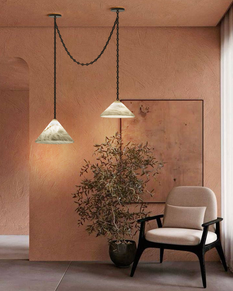 Medium 12" Conical Pendant White Alabaster Shade with Adjustable Chain for living room