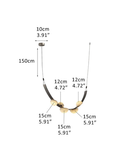 Leather pendant lamps with semicircular marble diffusers on a U-shaped strip metal base