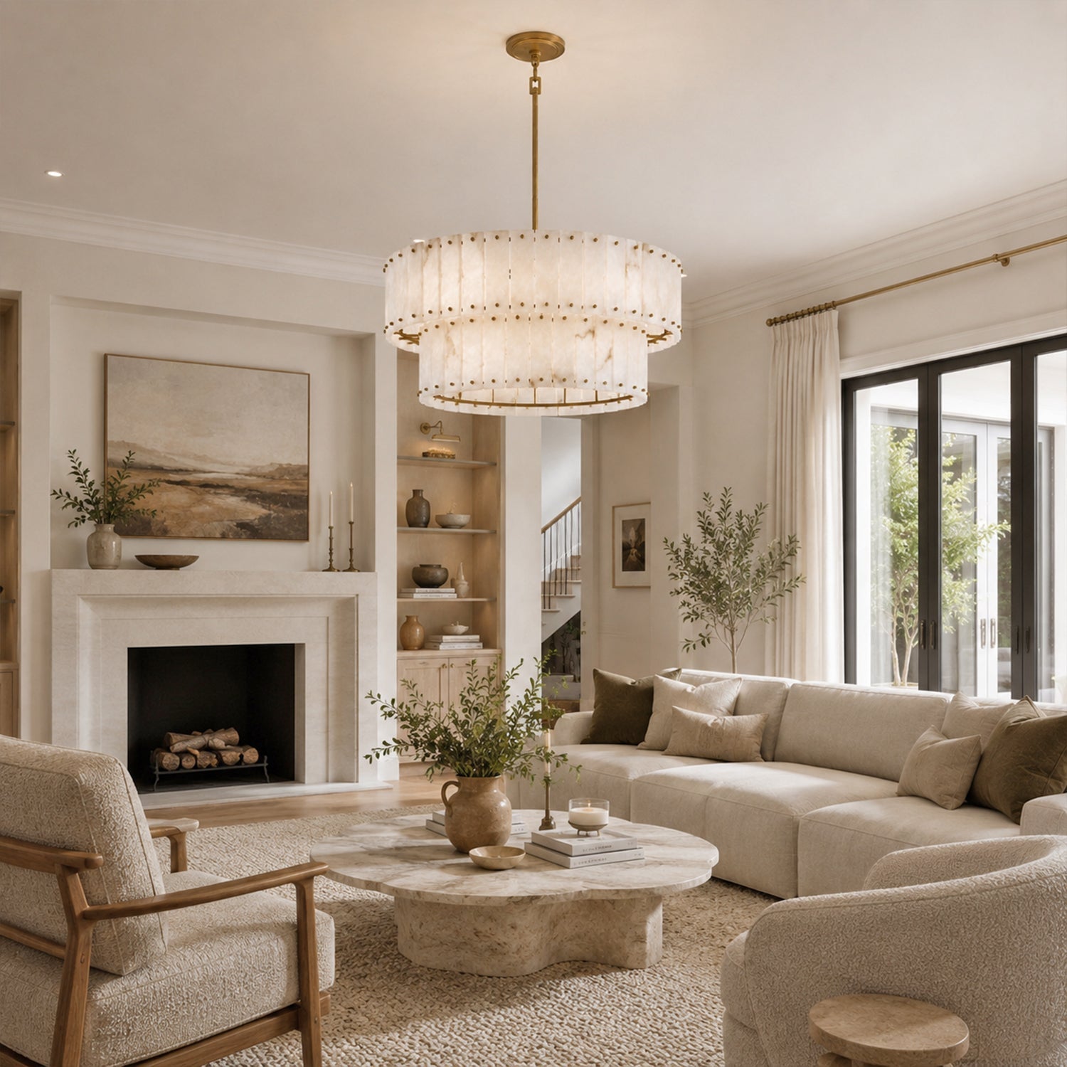 Simona Alabaster Drum 2-Tier Chandelier
