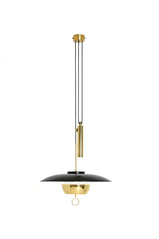 Adelaide Saucer Brass Pendant Light showcasing a sleek metal structure and modern acrylic shade.
