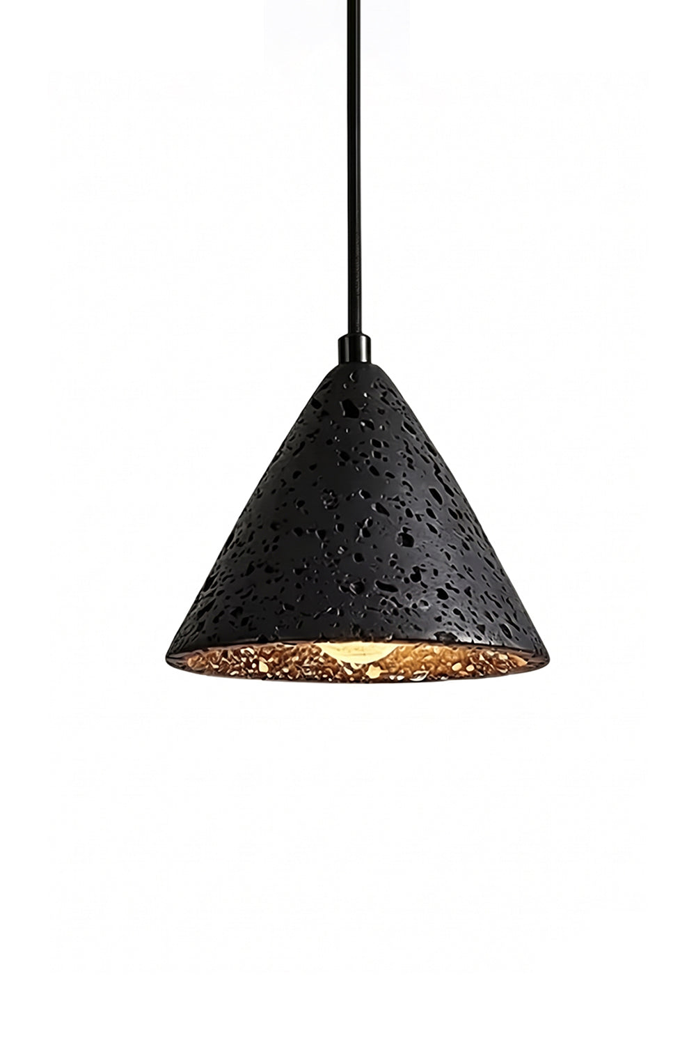 Aethel Core Travertine Pendant Light | Black Travertine, Metal | Conical shape, porous texture, gold interior | Isolated on white | vexa lamps