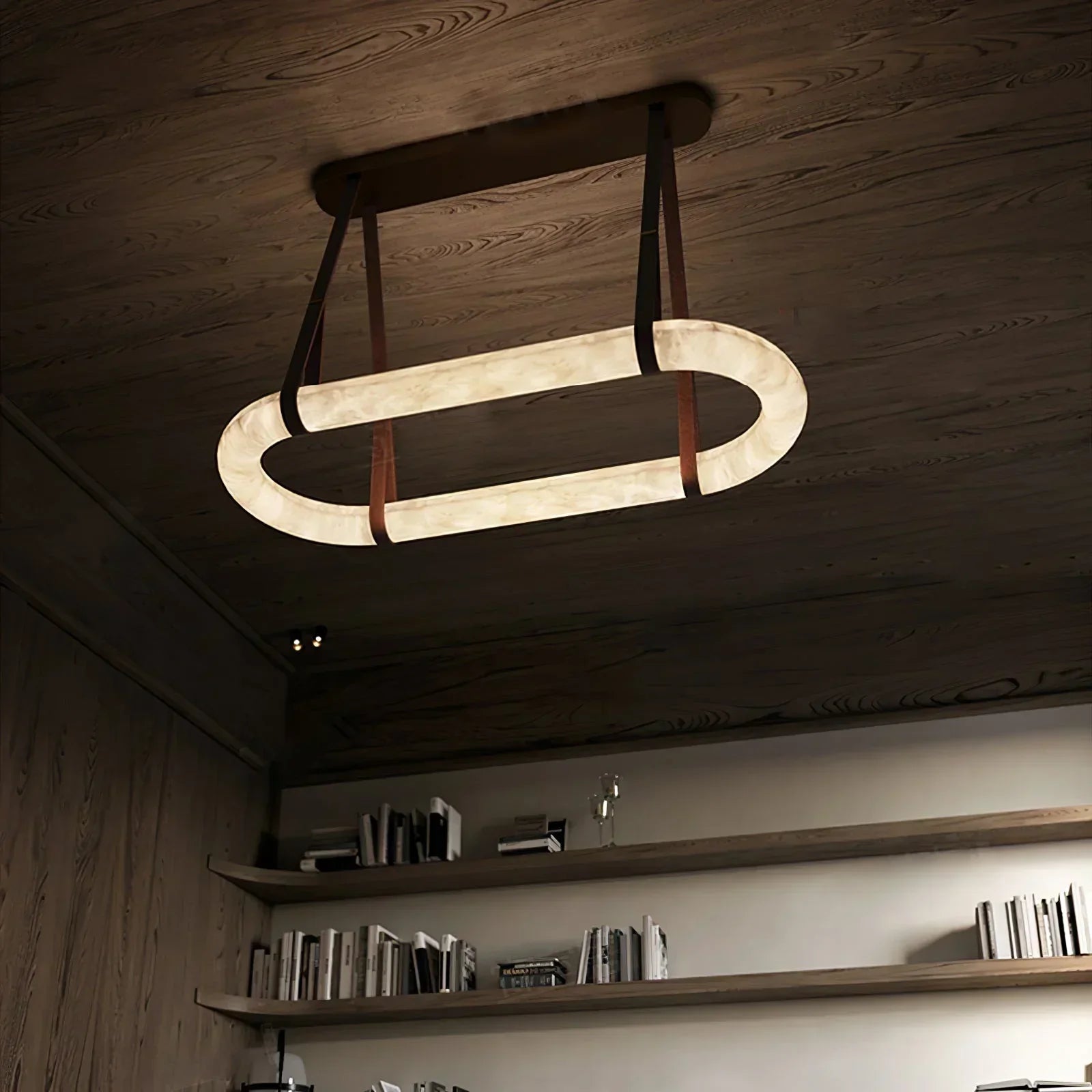 Alabaster Round Leather Chandelier – Luxury LED Ceiling Light