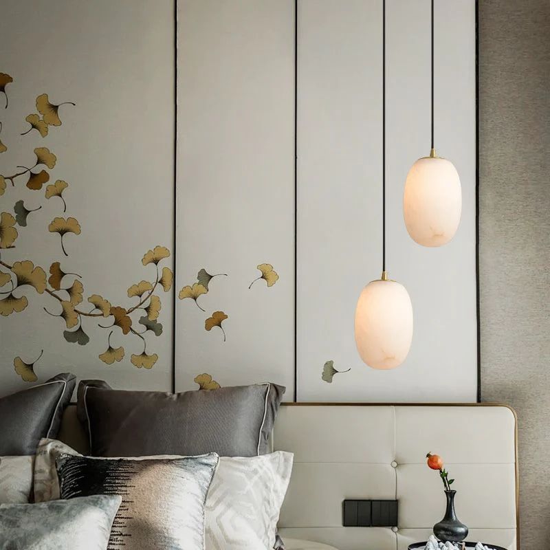Morylighting Sculpted Alabaster Bedside Pendant Light - American transitional great room with cathedral ceiling