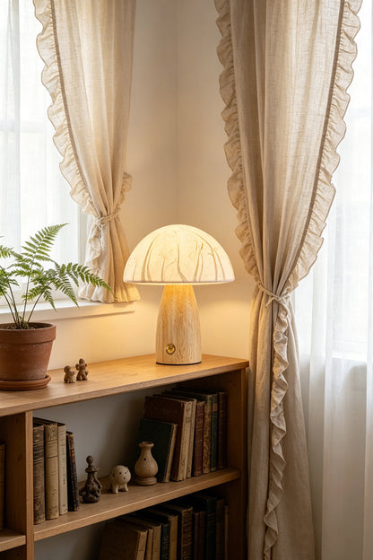 Alice Mushroom Table Lamp | Wood, Glass | Standing on a light wooden display shelf near a window with elegant sheer lace curtains | vexa lamps