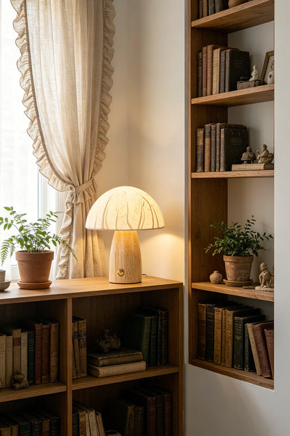 Alice Mushroom Table Lamp | Wood, Glass | Illuminating a cozy reading corner from a wooden shelf surrounded by books and small indoor plants | vexa lamps