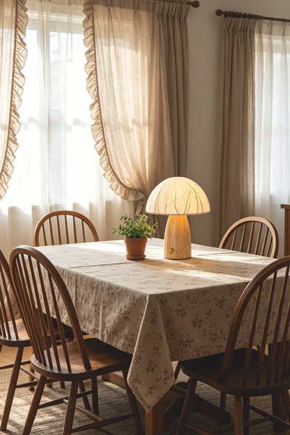 Alice Mushroom Table Lamp | Wood, Glass | Serving as a charming accent on a rustic wooden dining table decorated with a checkered tablecloth | vexa lamps