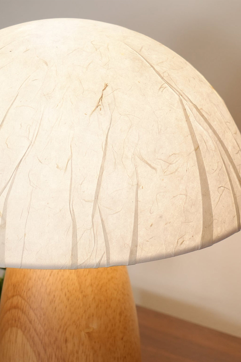 Alice Mushroom Table Lamp | Wood, Glass | Macro close-up focus on the illuminated white dome lampshade highlighting its natural crinkled texture | Detail shot | vexa lamps