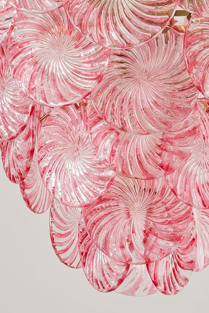 Amara Pink Glass Petal Chandelier | Pink Glass Detail | Close-up focus highlighting the rich swirled textures and translucent edges of the layered hand-crafted pink glass petals | Detail shot | vexa lamps