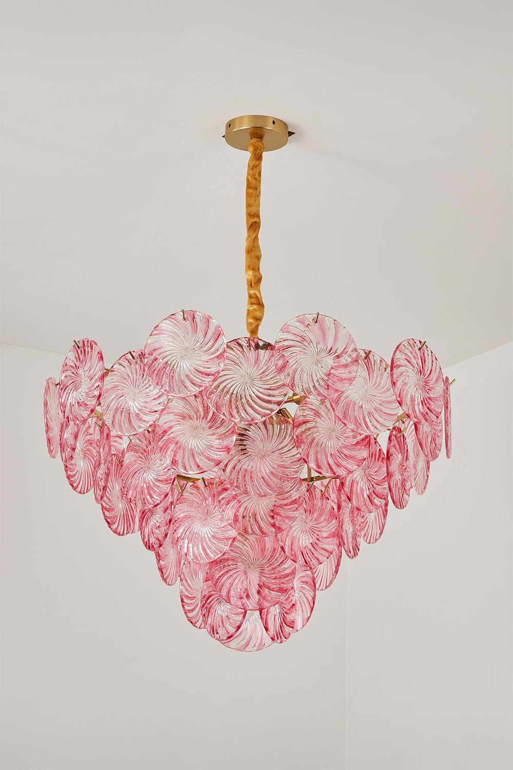 Amara Pink Glass Petal Chandelier | Unlit Pink Variation | Front studio view of the pink glass petal chandelier variant showing its soft pastel tones against a clean light grey wall | vexa lamps