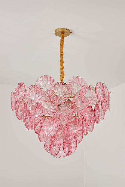 Amara Pink Glass Petal Chandelier | Unlit Pink Variation | Front studio view of the pink glass petal chandelier variant showing its soft pastel tones against a clean light grey wall | vexa lamps