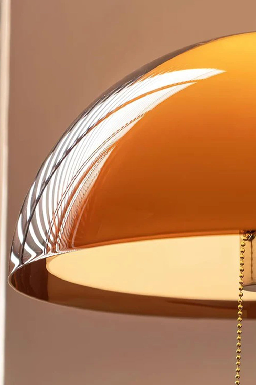Ambrose Amber Dome Floor Lamp | Amber Glass, Metal and Wood | Side close-up showing the glowing dome rim and pull chain detail | vexa lamps