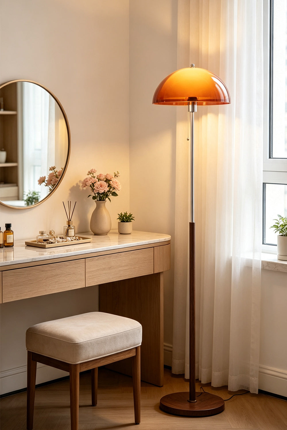 Ambrose Amber Dome Floor Lamp | Amber Glass, Metal and Wood | Styled next to a dressing table with a vanity mirror | vexa lamps