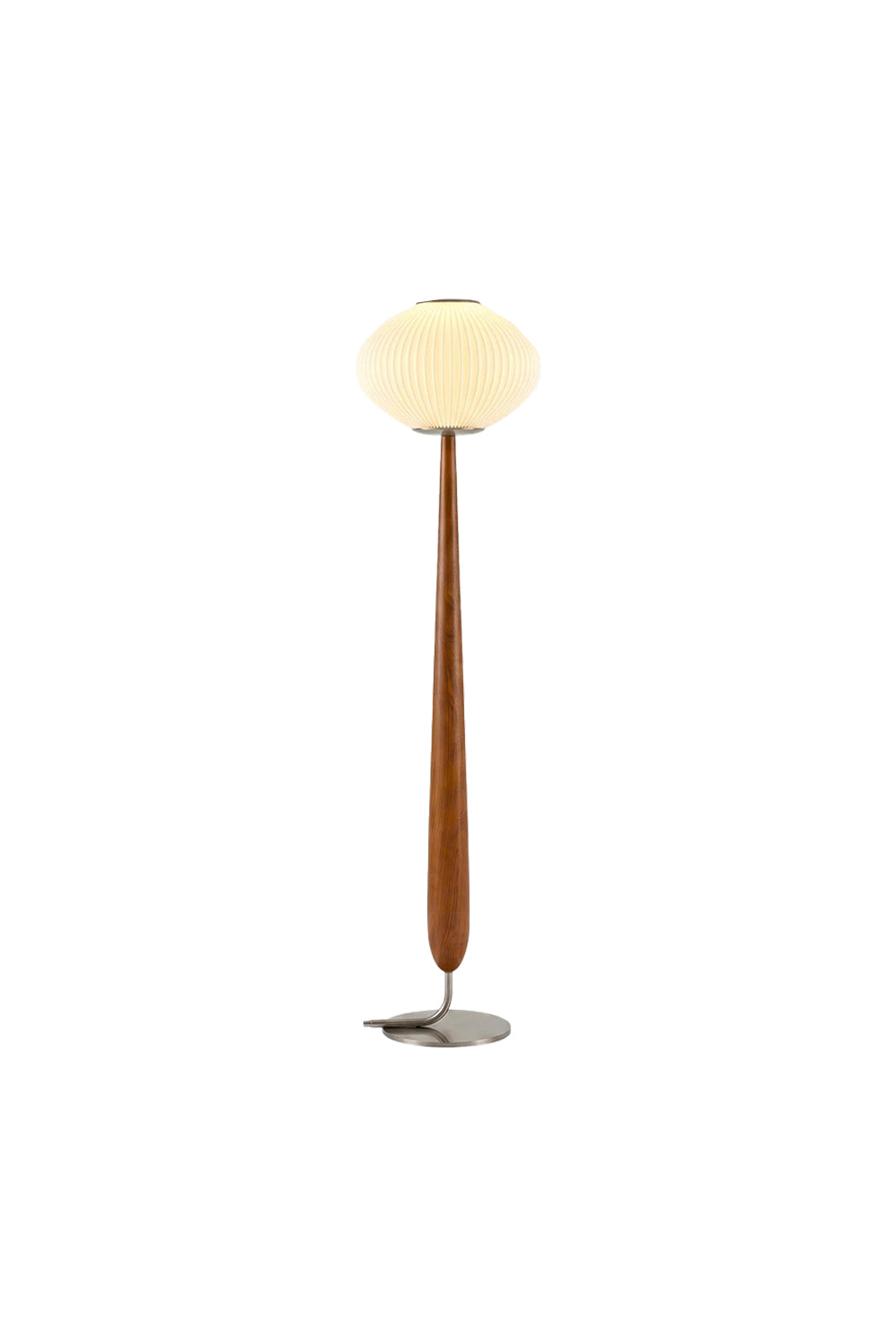Arden Walnut Floor Lamp | Wood, Metal, Fabric | Isolated lit view of a mid-century modern floor lamp featuring a pleated white pumpkin saucer shade on a tapered teardrop-shaped natural walnut wood stem and a circular brushed silver base | White background | vexa lamps