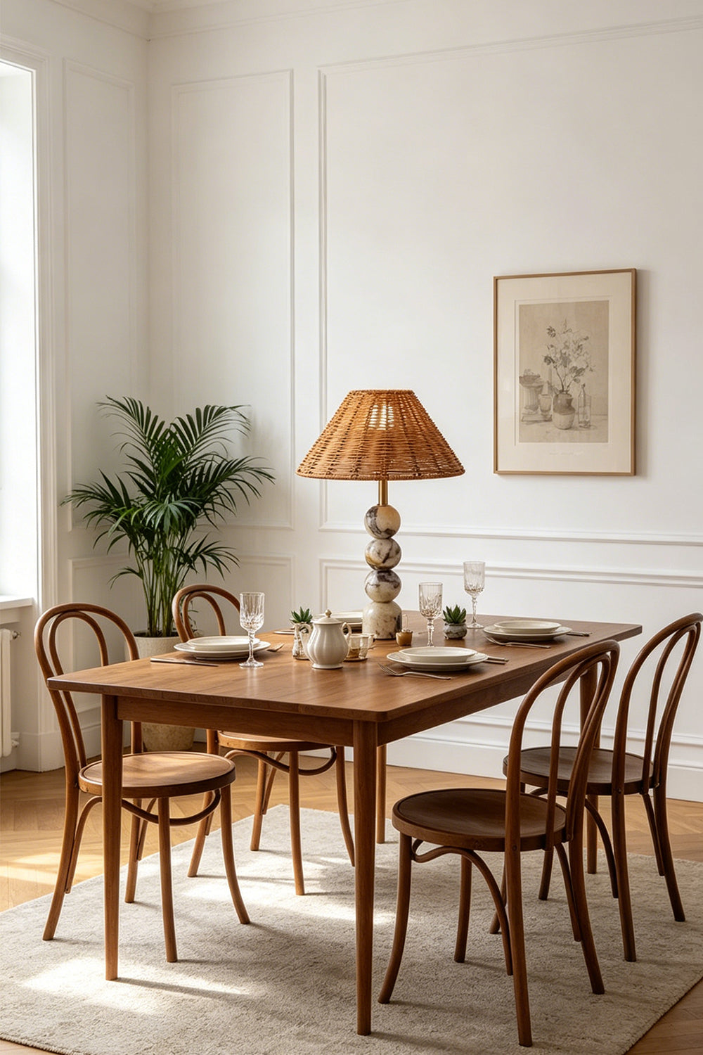 Aria Rattan & Stacked Marble Table Lamp illuminating a stylish dining room with a wooden table and chairs.
