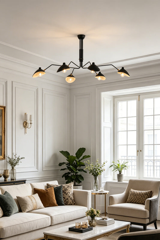 Black 6-arm articulated spider ceiling light | Metal | Installed in a classic living room with beige sofas | vexa lamps