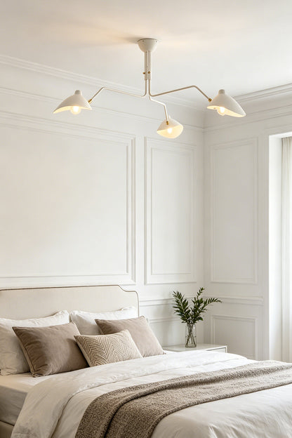 White 3-arm articulated spider ceiling light | Metal | Mounted in a minimalist bedroom above the bed | vexa lamps