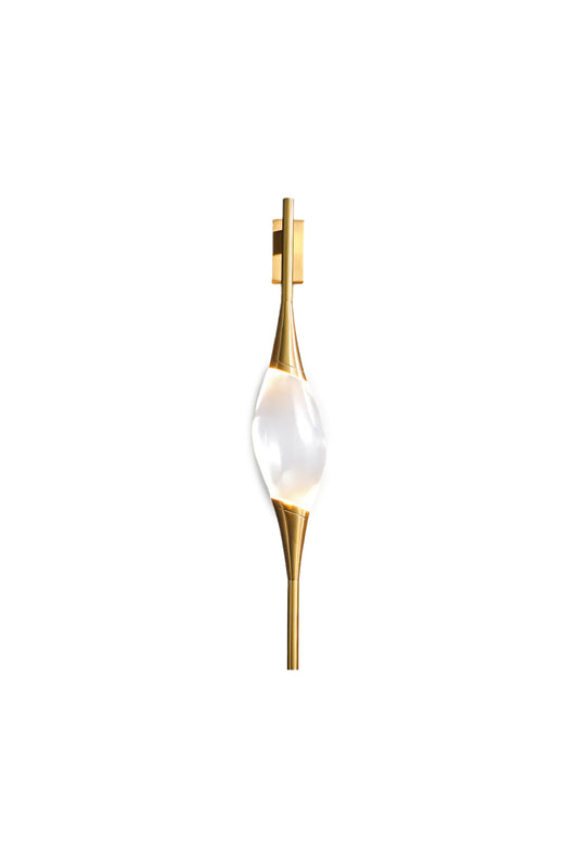Astraea Crystal Linear Wall Sconce | Crystal, Brass | Isolated unlit view of a modern vertical linear wall sconce featuring a sculpted clear crystal center held by sleek gold brass conical ends | White background | vexa lamps