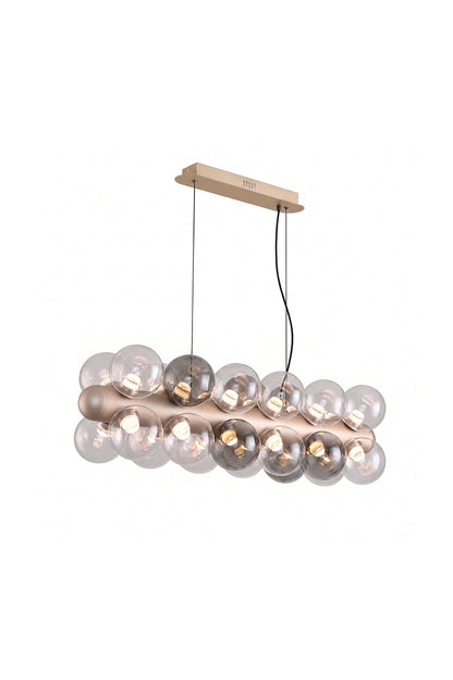 Astraea Linear Prismatic Globe Chandelier featuring hand-blown glass spheres and a brushed champagne-gold finish.