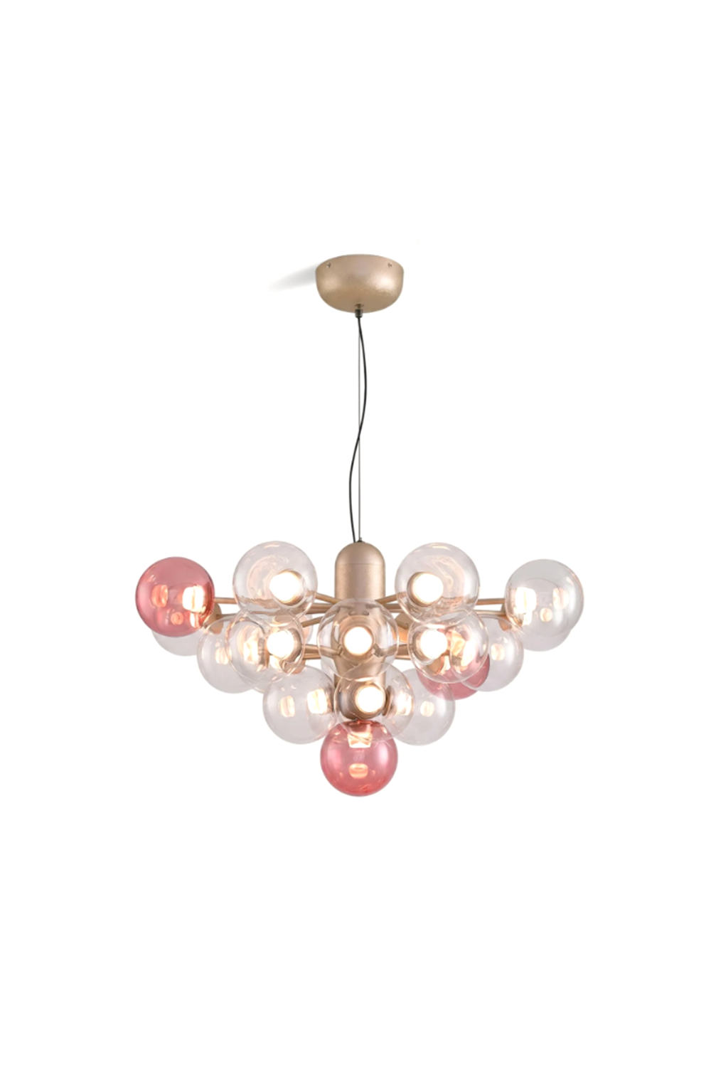 Astraea Prismatic Globe Chandelier | Glass, Metal | Isolated lit view of a modern multi-light cluster chandelier featuring clear and soft pink tinted glass bubble globes on a satin gold frame | White background | vexa lamps