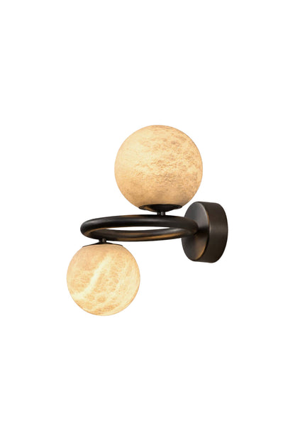 Aura Two-Globe Alabaster Wall Sconce with hand-shaped alabaster globes and a curved metal arm.