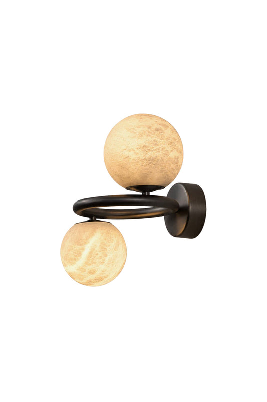 Aura Two-Globe Alabaster Wall Sconce with hand-shaped alabaster globes and a curved metal arm.