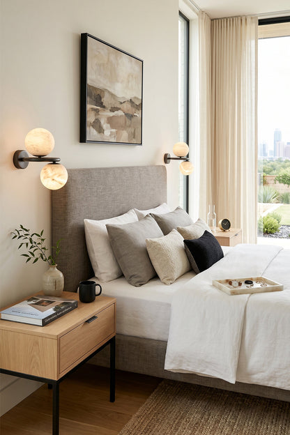 Aura Two-Globe Alabaster Wall Sconce illuminating a stylish bedroom with elegant decor and cozy bedding.