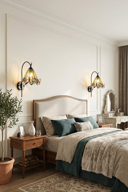 Aura Vine Stained Glass Wall Sconce | Glass, Metal | Symmetrically mounted as elegant bedside lighting on both sides of a classic upholstered bed in a bright bedroom | vexa lamps
