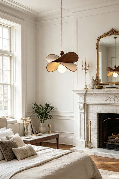 Aurelia Blossom Glass Pendant Light | Wood, Fabric, Glass | Detailed room shot showing the organic wooden hanging lamp illuminating a luxurious bright master bedroom suite | vexa lamps