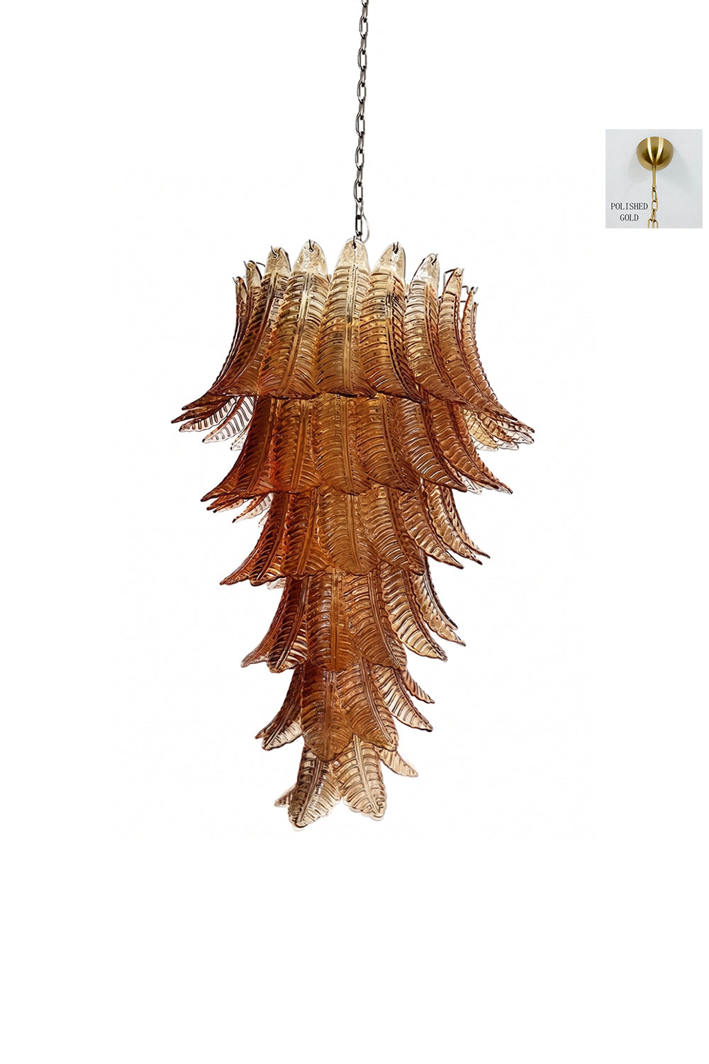 Aurelia Helix Amber Glass Cascade Chandelier showcasing amber-hued glass plumes in a dramatic spiral design.