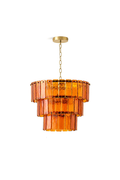 Aurelia Tiered Amber Glass Chandelier featuring cascading amber glass panels and a gold ceiling mount.