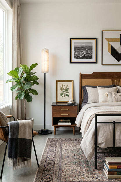 Aurelius Alabaster Brass Floor Lamp | Alabaster, Brass | Providing a soft warm bedside glow in a cozy bedroom next to a dark wood nightstand and a classic platform bed frame | vexa lamps