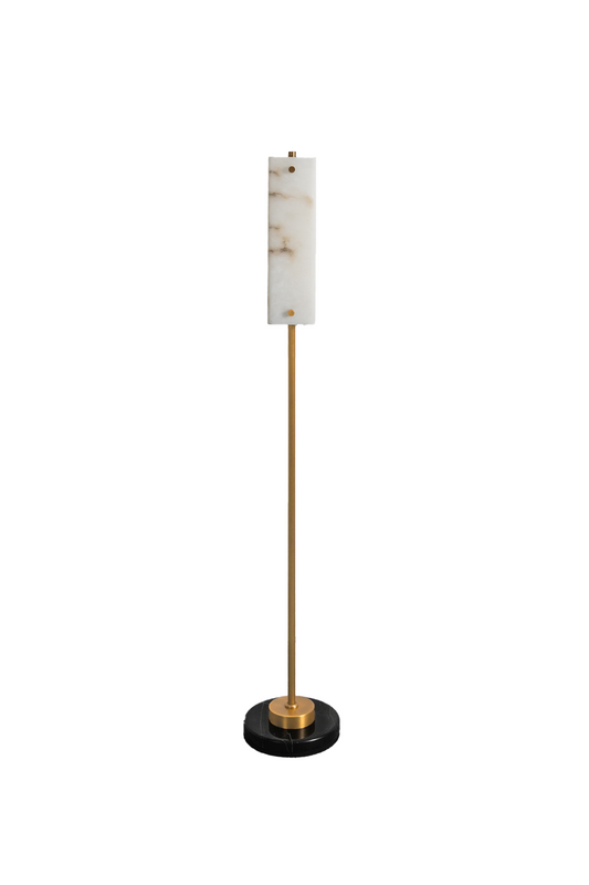 Aurelius Alabaster Brass Floor Lamp | Alabaster, Brass | Isolated unlit view of a luxury minimalist floor lamp featuring a vertical rectangular U-shaped white alabaster stone shade on a slim gold brass stem and a round black marble base | White background | vexa lamps