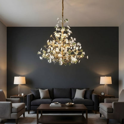 Gilded Branch Floral Brass Crystal Chandelier