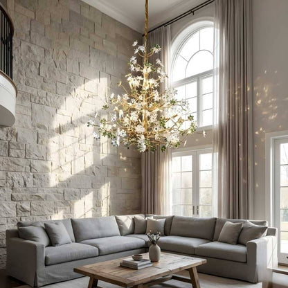 Gilded Branch Floral Brass Crystal Chandelier