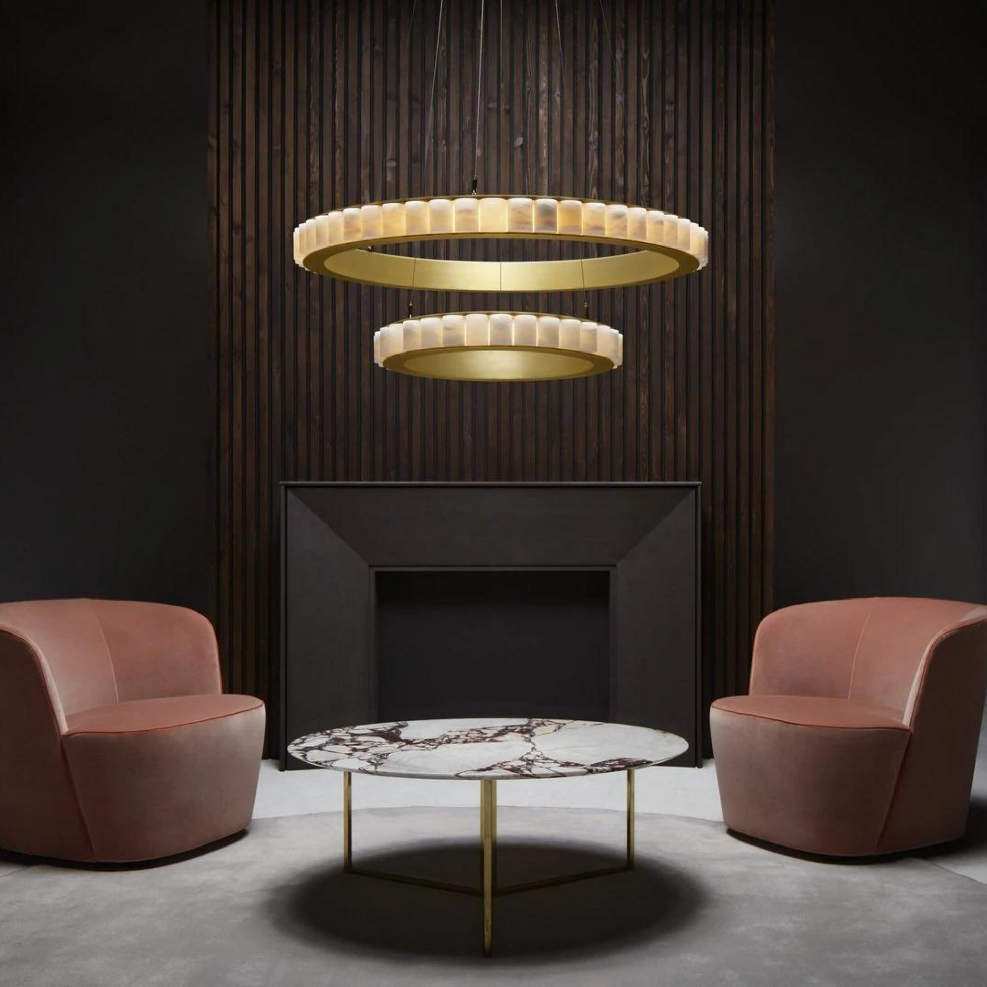 Morylighting Alabaster Aura Modern Chandelier - luxurious American living room with tray ceiling