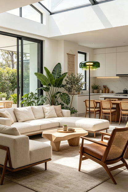 Aven Minimalist Architectural Floor Lamp | Glass, Metal | Styled in a luxurious sunlit open-plan living room with a large glass atrium skylight, cream sofas, and indoor green plants | vexa lamps