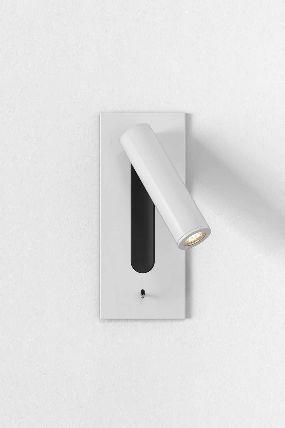 Axial Pivot Folding LED Wall Lamp with adjustable spotlight on brushed metal backplate, ideal for modern interiors.