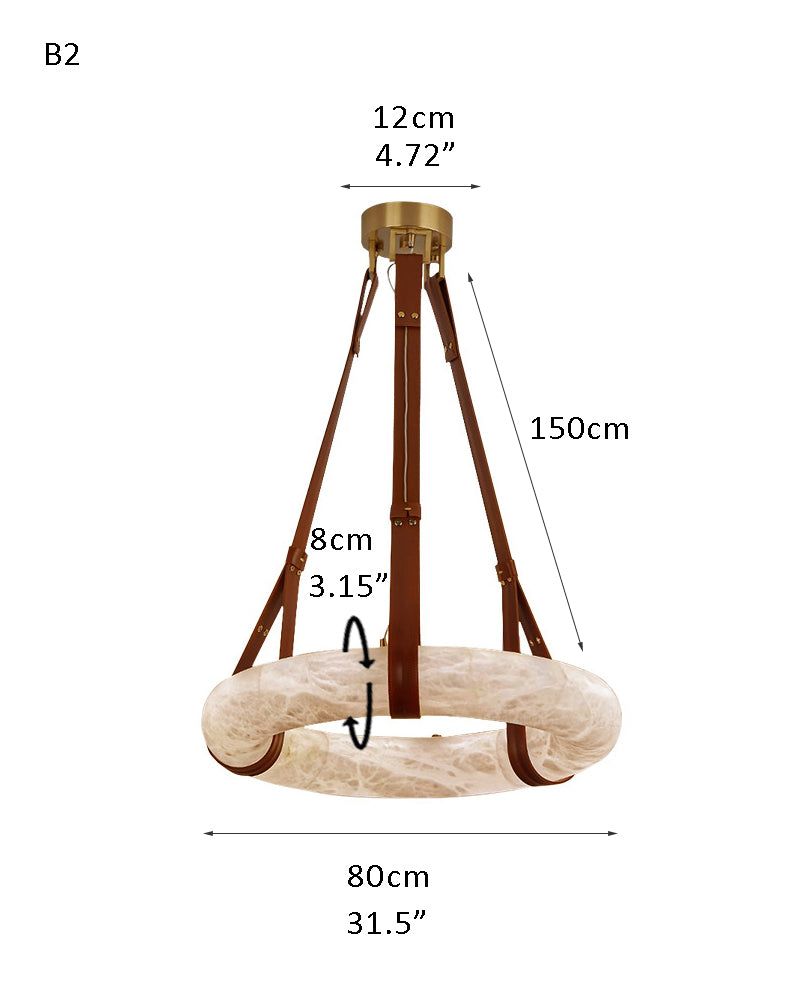 Round LED White Marble Pendant lamp with adjustable leather, Dia 12/16"