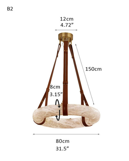 Round LED White Marble Pendant lamp with adjustable leather, Dia 12/16"
