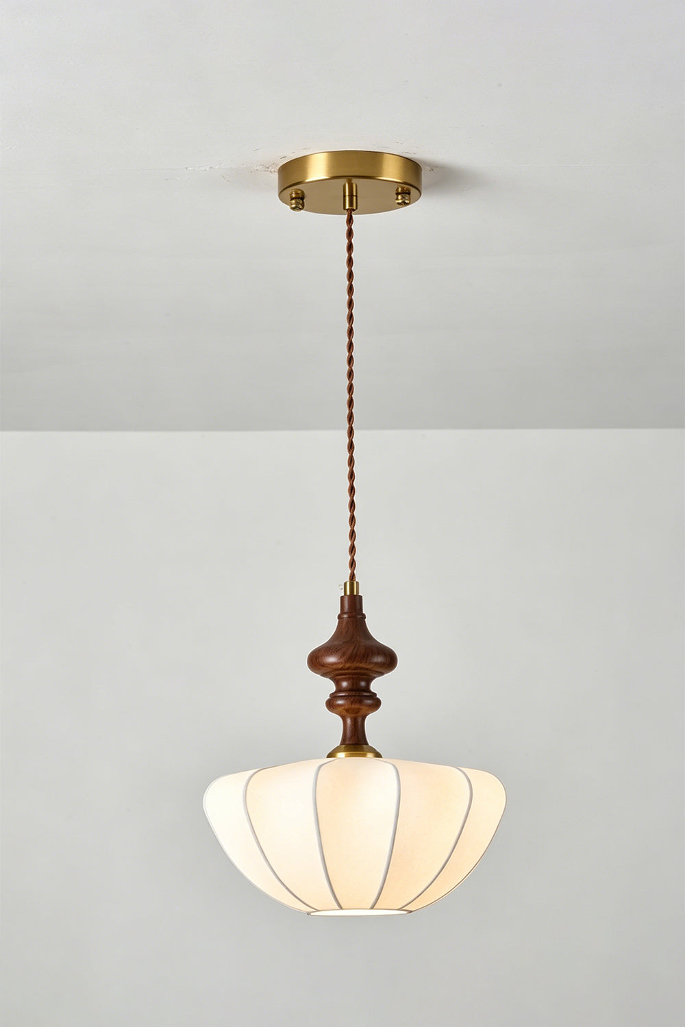Baird Mid-Century Silk Pendant Light featuring a silk shade and walnut-toned wooden spindle.