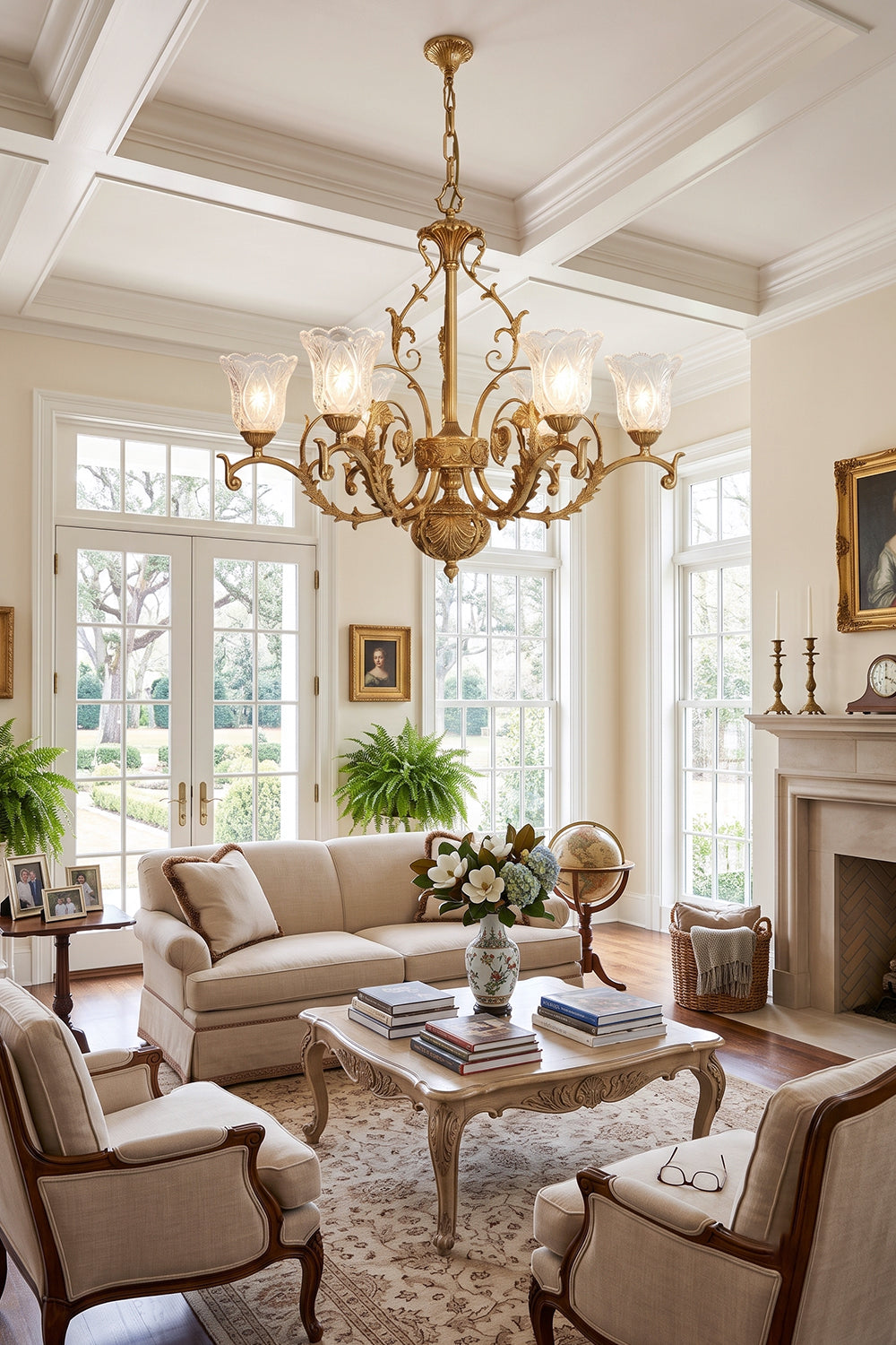 Beatrix Acanthus Leaf Chandelier | Ornate Brass and Frosted Carved Glass | Hanging in a classic luxury living room with coffered ceilings, elegant cream sofas, and a fireplace | vexa lamps