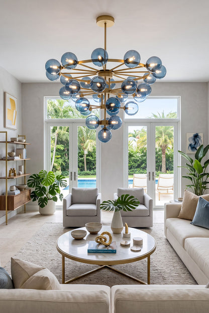 Blue Glass Bubble Globe Tiered Chandelier