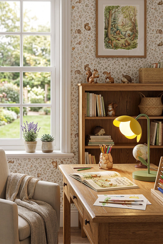 Rustic kids' study room scene | Metal and glass | Yellow petal botanical lamp on wooden desk | Built-in bookshelves and window | Warm natural light | vexa lamps
