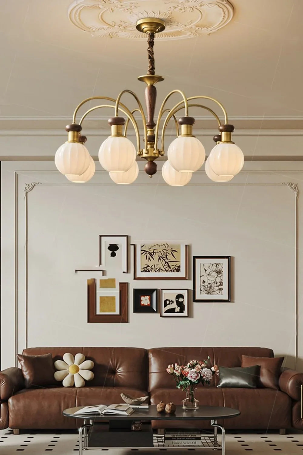 Brass Globe Walnut Chandelier - view 3 | morylighting
