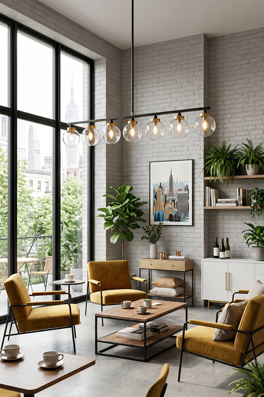Brooks Linear Glass Globe Chandelier | Glass, Metal | Positioned elegantly in a contemporary loft lounge area, radiating a warm yellow halo above plush tan leather armchairs | vexa lamps