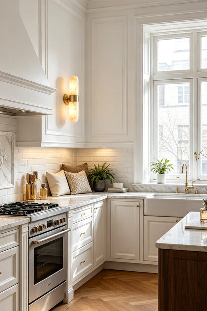 Calla Alabaster Capsule Wall Sconce | Alabaster, Brass | Illuminating a modern kitchen wall next to traditional white cabinetry and a white marble island counter | vexa lamps