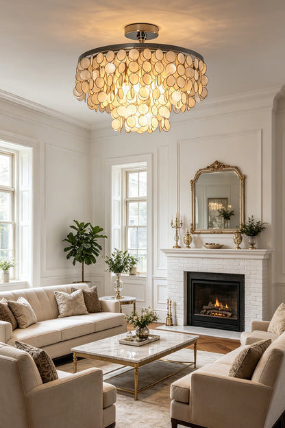 Elegant tiered shell disc ceiling fixture | Shell | Iron | Wide shot of a bright traditional living room interior | vexa lamps
