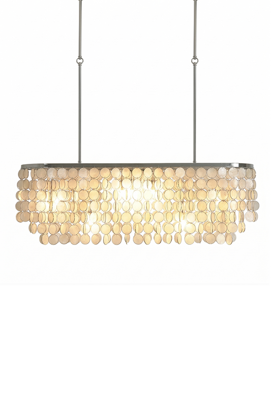Elongated oval Capiz shell chandelier with chrome frame | Iron | Shell | Lit front view isolated on white background | vexa lamps