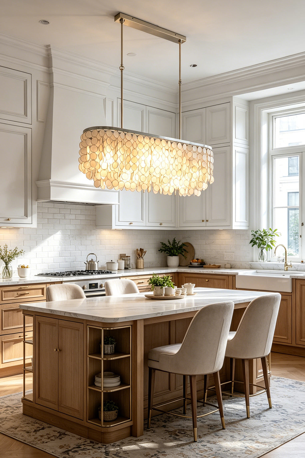 Linear Capiz shell pendant light | Iron | Shell | Installed over a wooden kitchen island with white chairs | vexa lamps